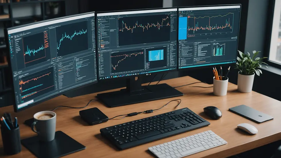 High angle view of a machine learning workstation with algorithms on screen