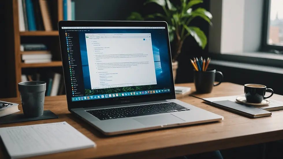 Eye-level view of a coding workspace with a laptop and books