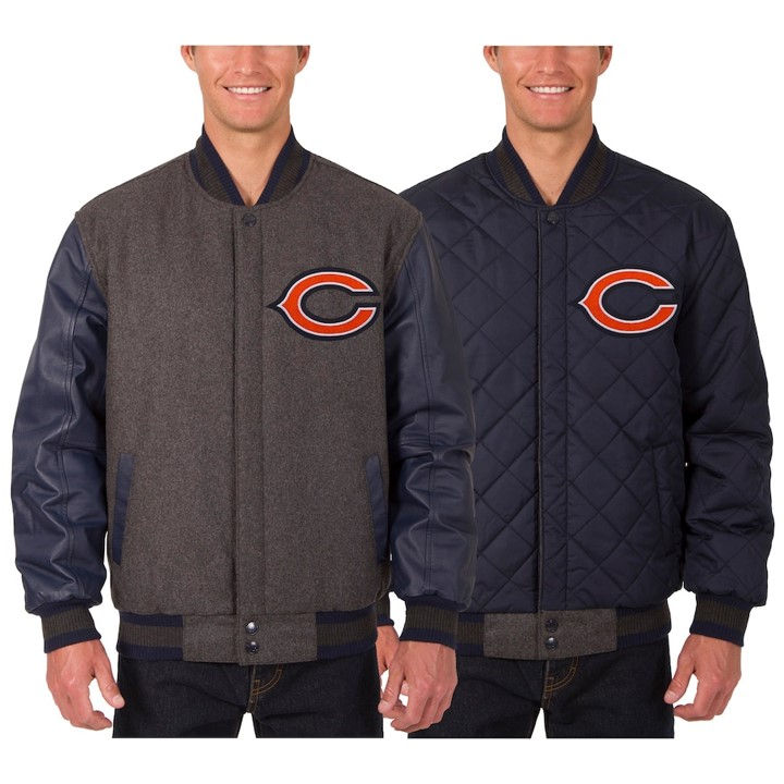 Men's Chicago Bears JH Design Charcoal Wool & Leather Reversible Jacket w logo