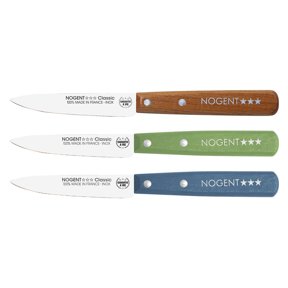 Nogent - Couteau office 9 cm pour éplucher, couper - 3 couleurs de manche (bois naturel, vert, bleu) - fabriqué en France