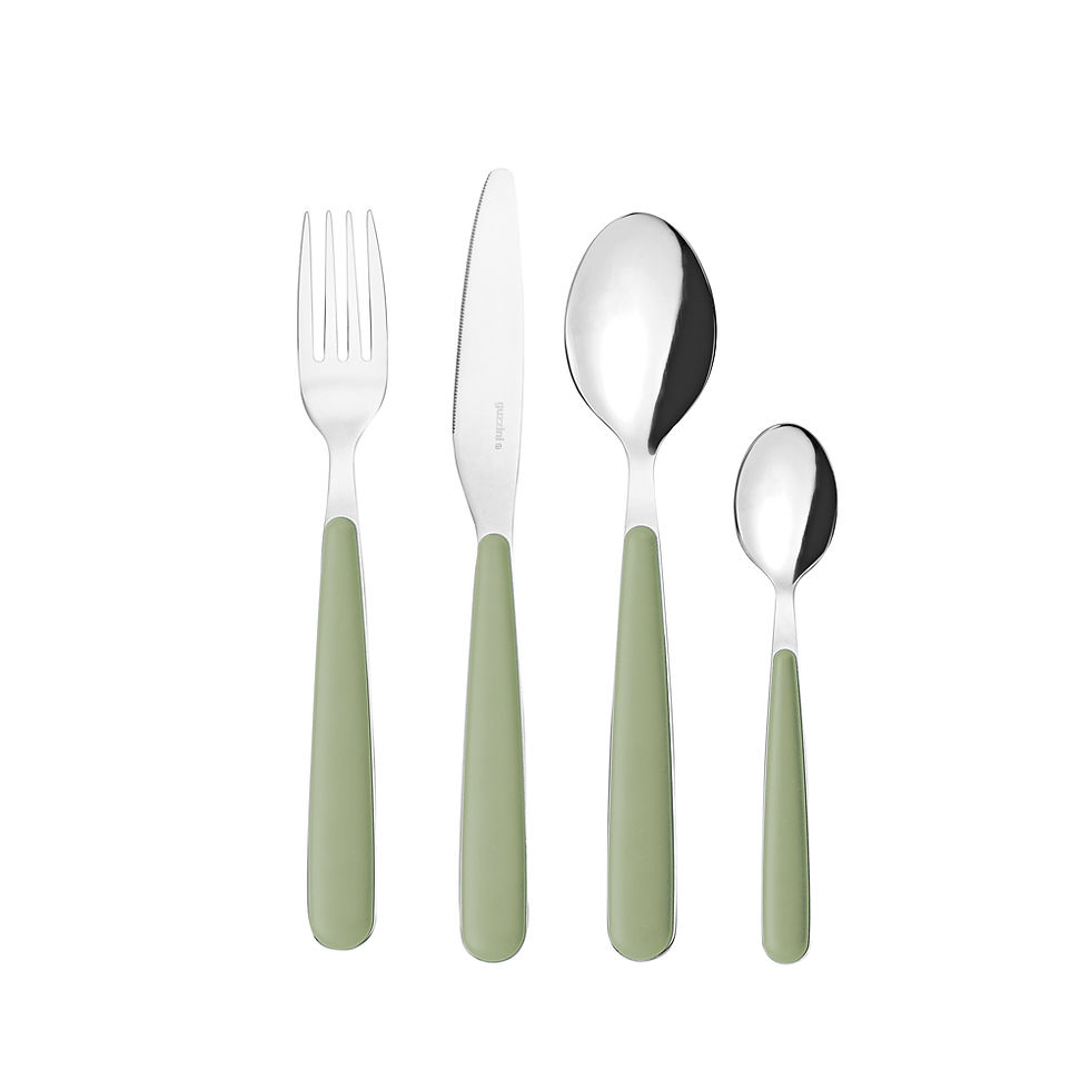 Miniature : Ménagère de 24 couverts (6 fourchettes, 6 couteaux, 6 cuillères à soupe et 6 petites cuillères) lame en inox et manche en plastique coloré vert pastel marque Guzzini