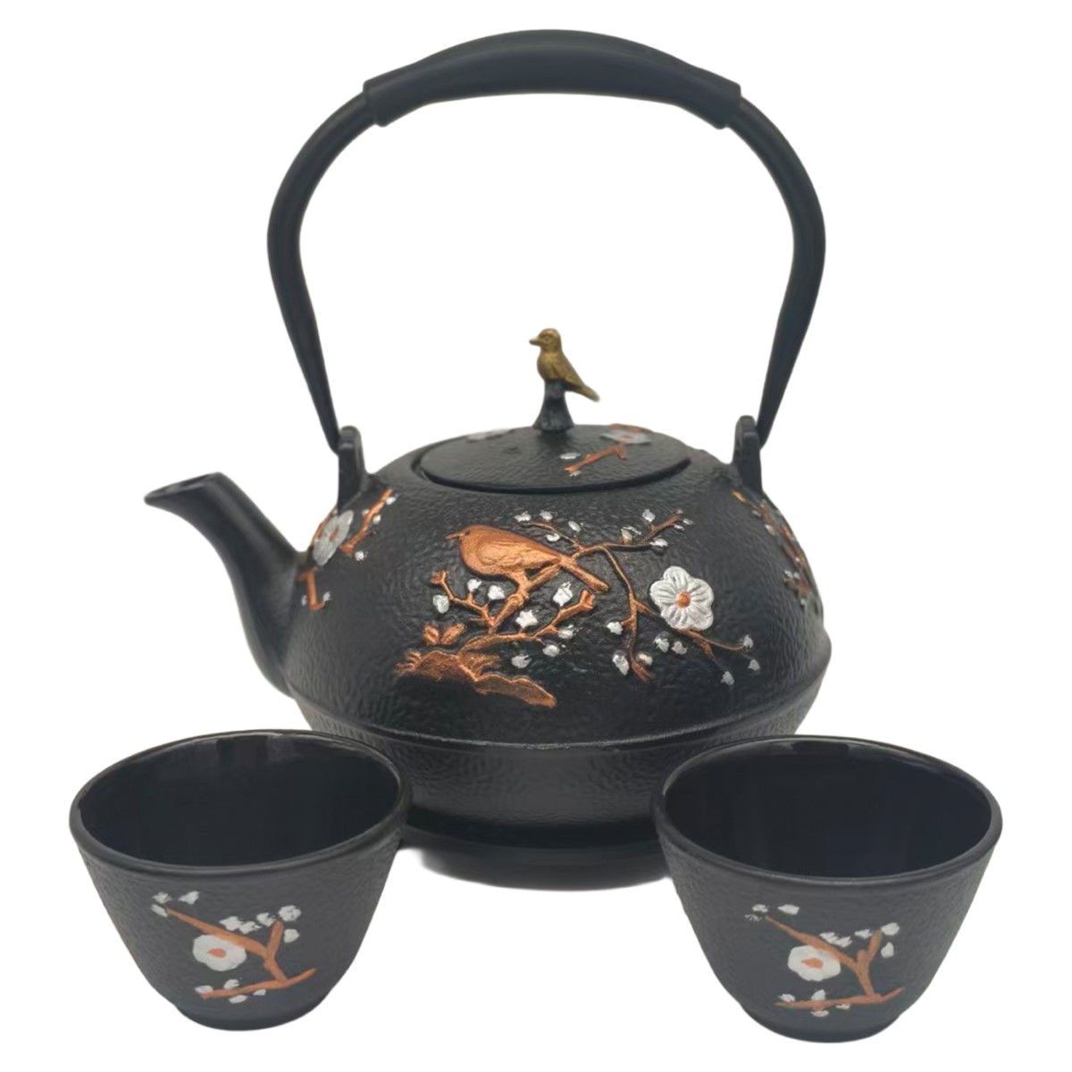 Signes Grimalt - Ensemble Théière avec dessous de plat et 2 tasses en fer forgé - décor noir avec oiseau et fleurs dorés