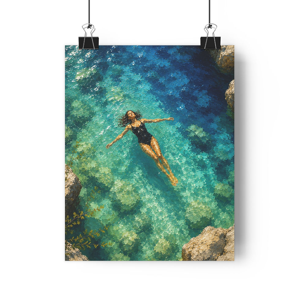 Thumbnail: Giclée Art Print — Woman Floating in Crystal Blue Sea (Coastal Wall Art)