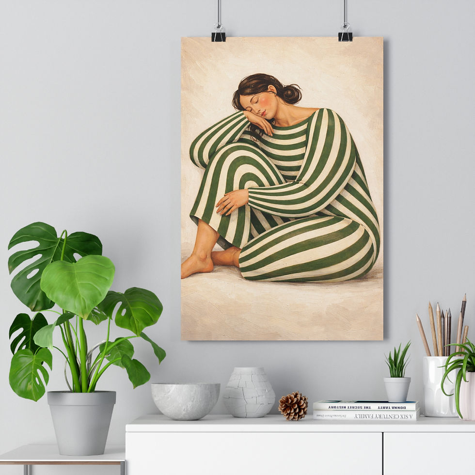 Thumbnail: Girl Portrait in Green stripes Giclée Art Print 