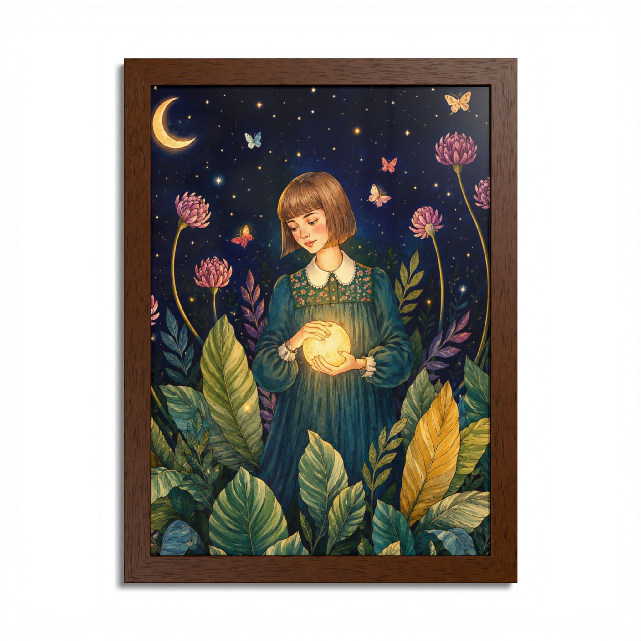 Framed Art Print — Girl Holding Moonlight | Whimsical Botanical Night Poster