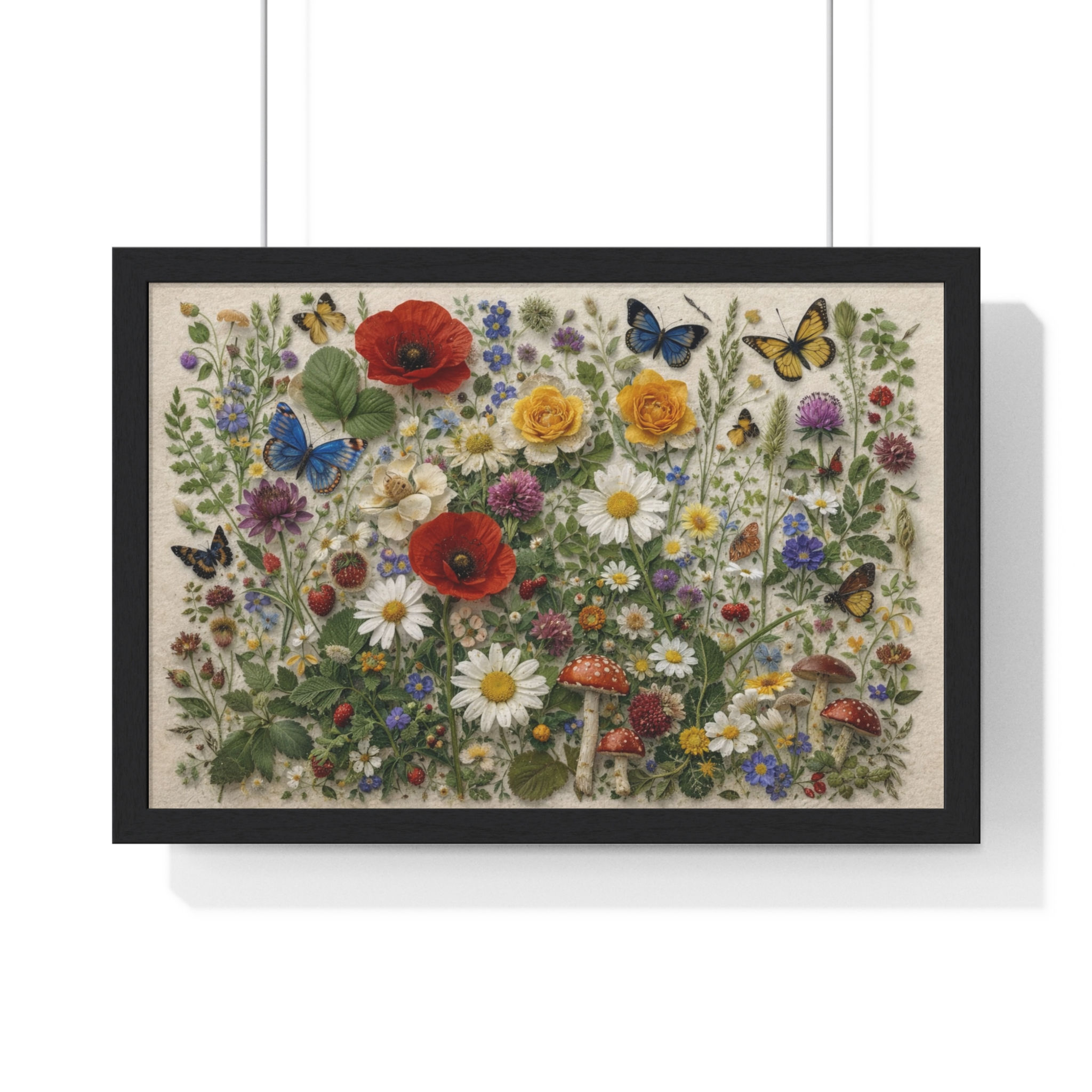 Botanical Wildflower Framed Poster — Vintage Meadow Print with Butterflies