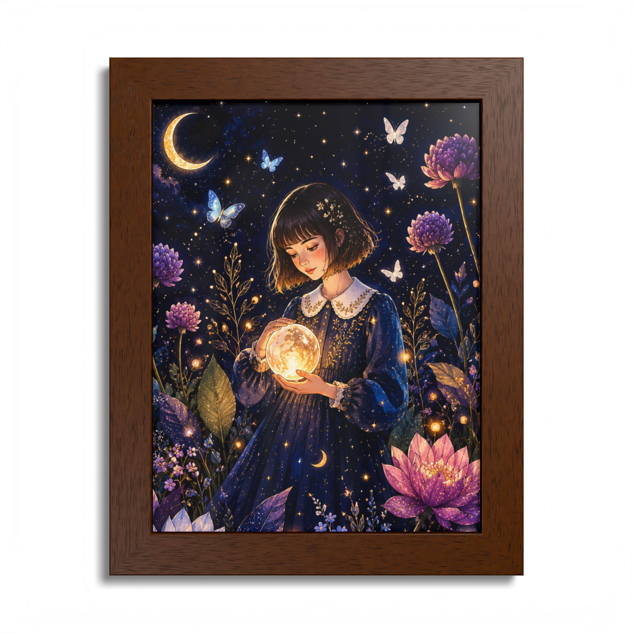 Framed Poster — Dreamy Moonlight Girl Art Print (Wood Frame)