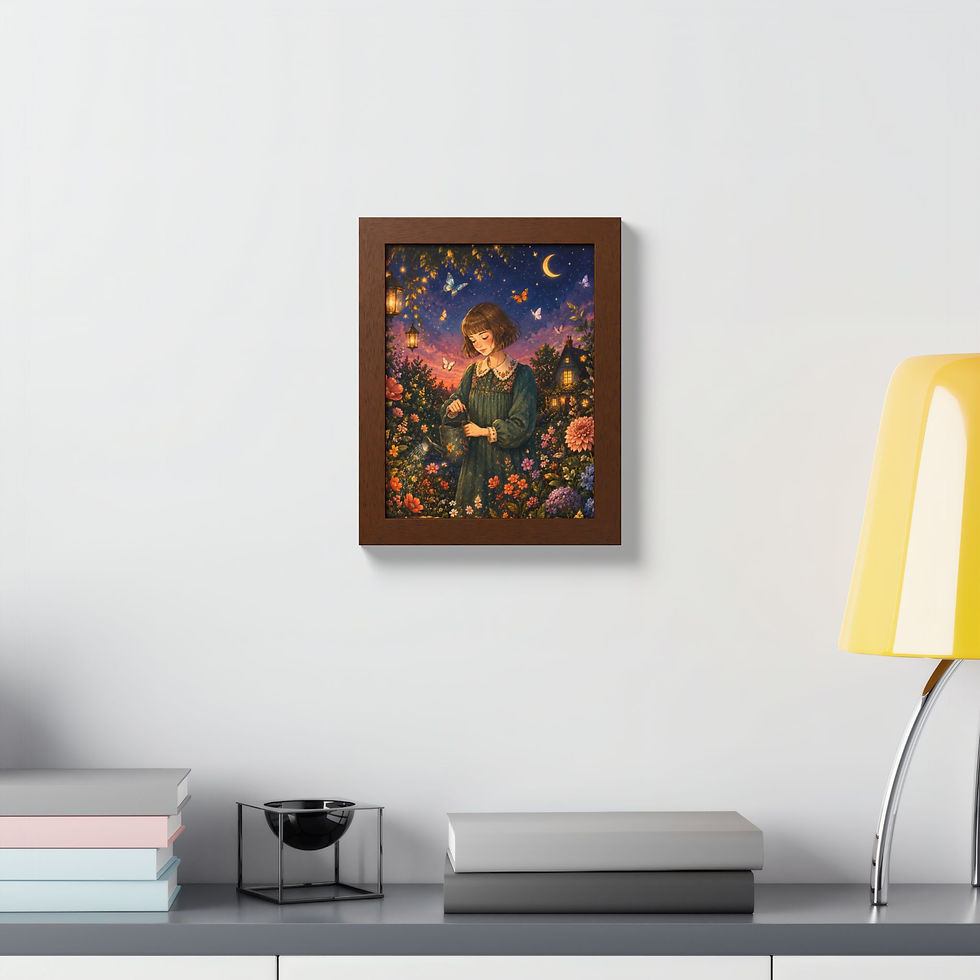 Thumbnail: Whimsical Garden Framed Poster — Girl with Lanterns & Moonlit Night