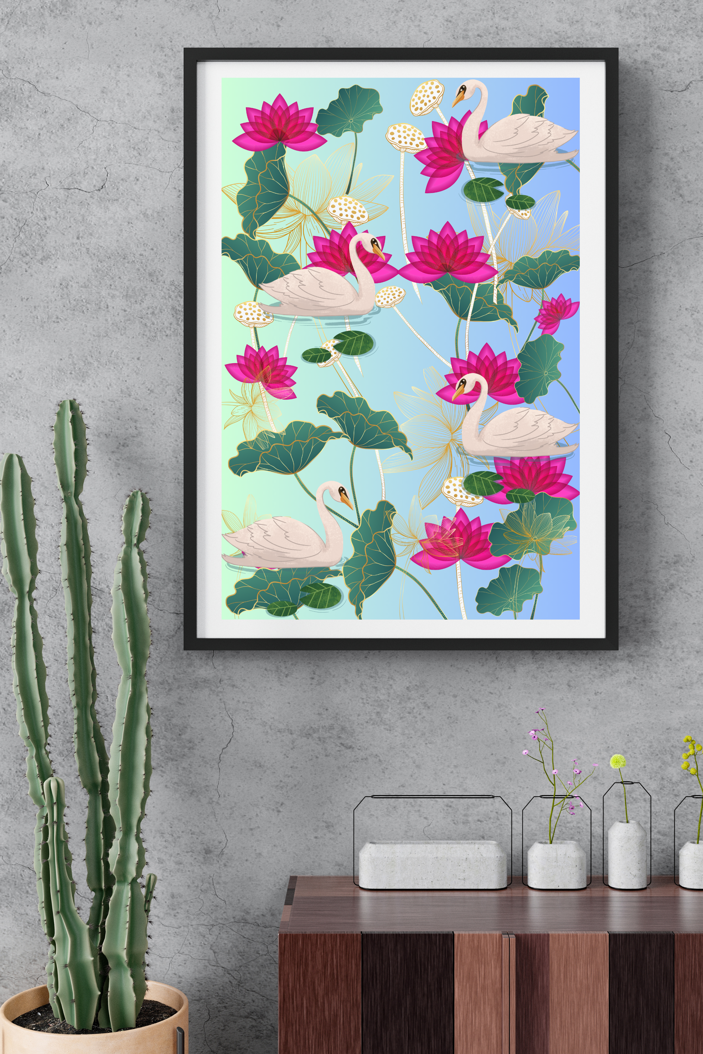 Pichwai Swan blue and green background