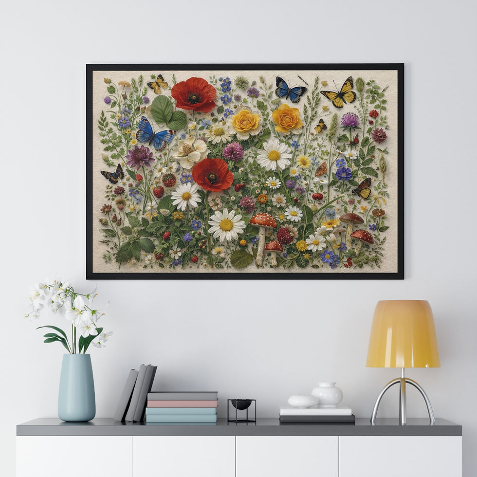 Thumbnail: Botanical Wildflower Framed Poster — Vintage Meadow Print with Butterflies
