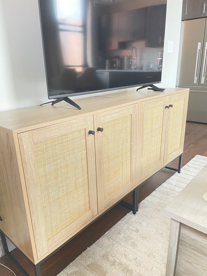 Rattan , wood and metal t.v Console x2 . Needed extra Storage. Design and decorating by Caroline Loon Designs