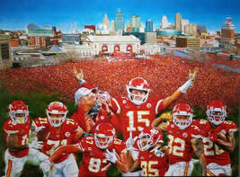 Chiefs Kingdom celebration painting with Union Station and field of red fans in the background and several joyous football players in the foreground