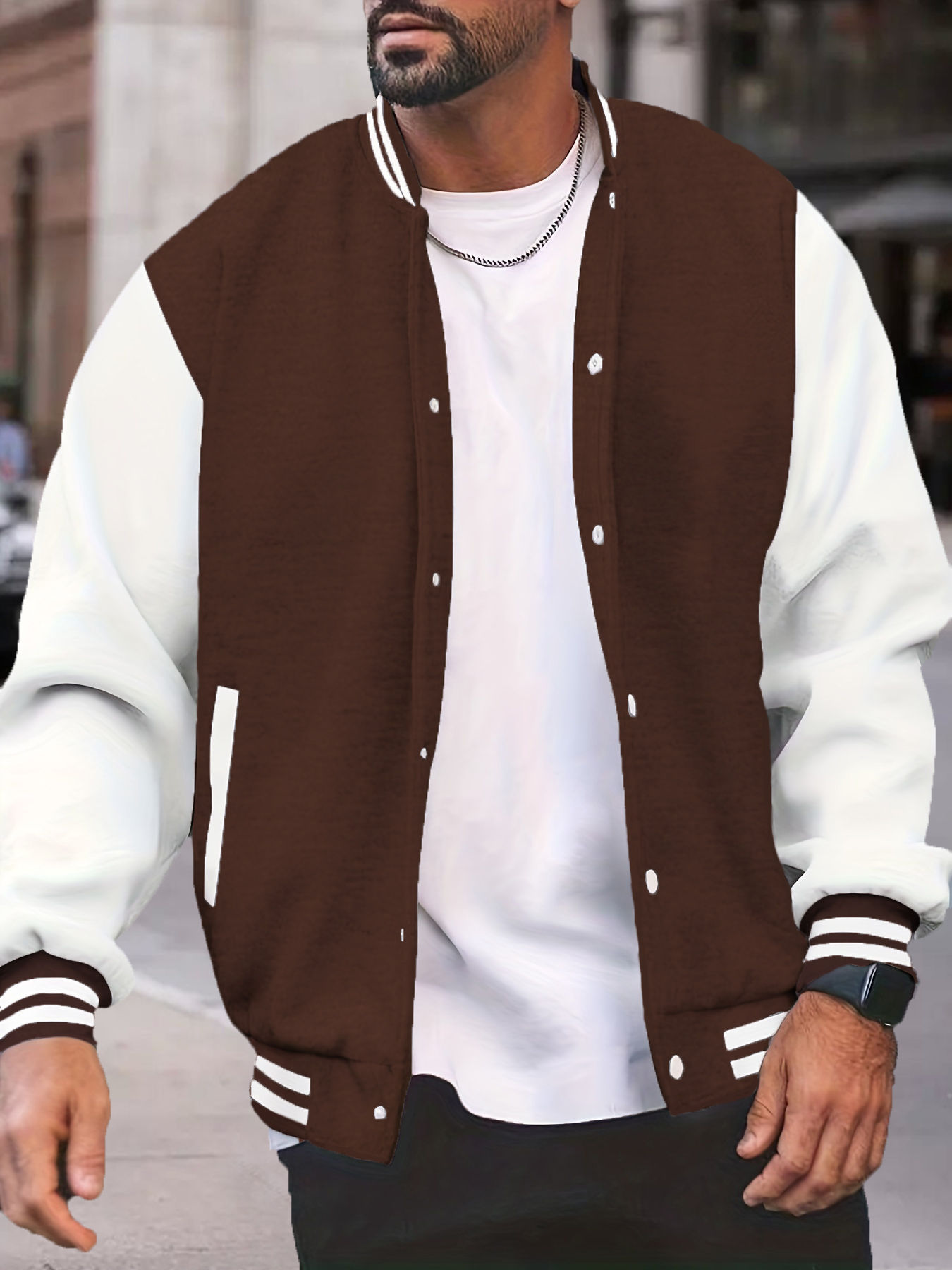 Men's Coffee White Colorblock Baseball Jacket Spring Fall Streetwear Loose Varsi