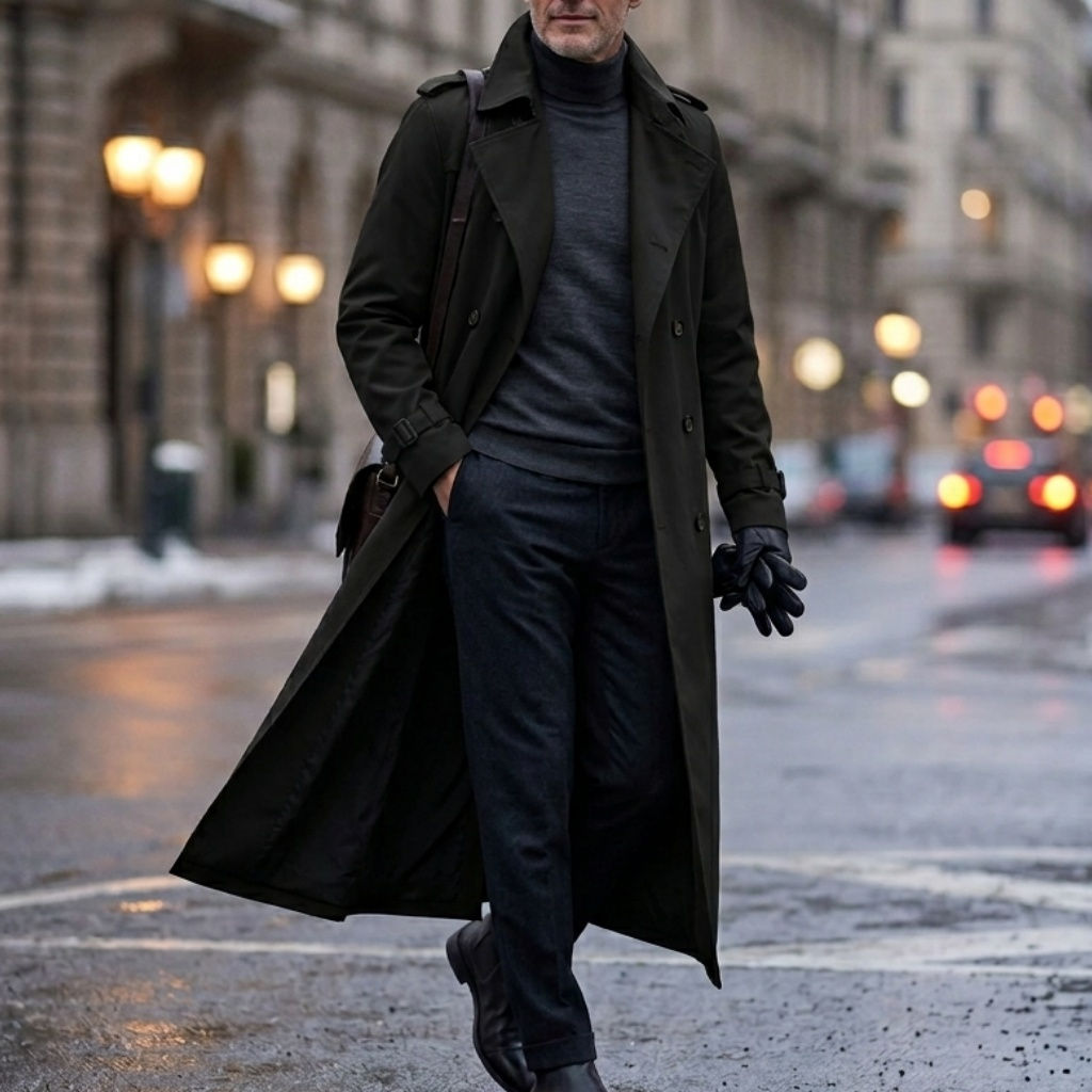 New Men's Trench Autumn Super Long Windbreaker - Double-Breasted with Belt | Thi