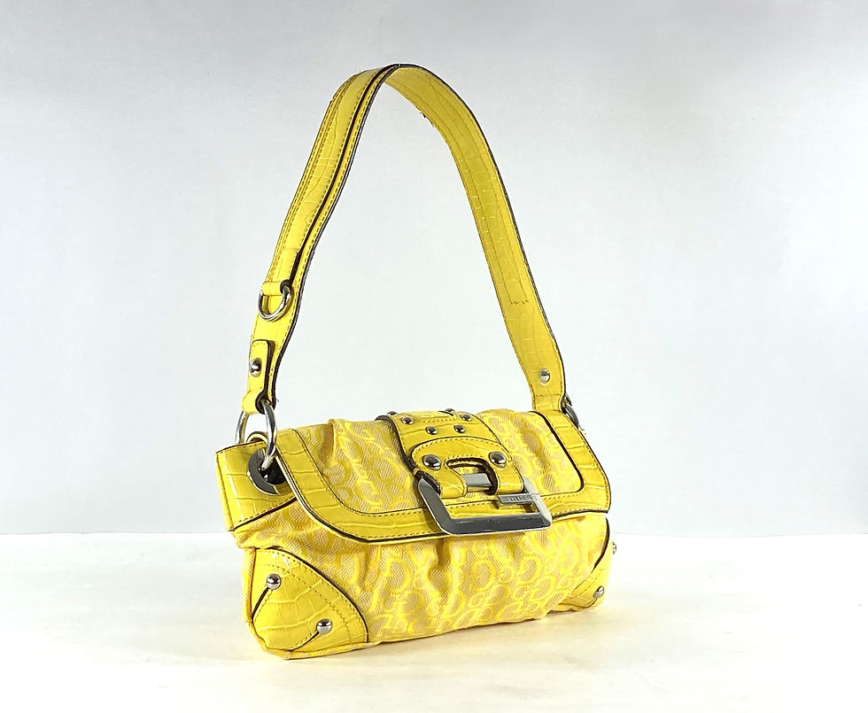 Thumbnail: Y2K Guess Yellow Croc Embossed Vinyl Baguette with Logo Fabric and Chrome Detail