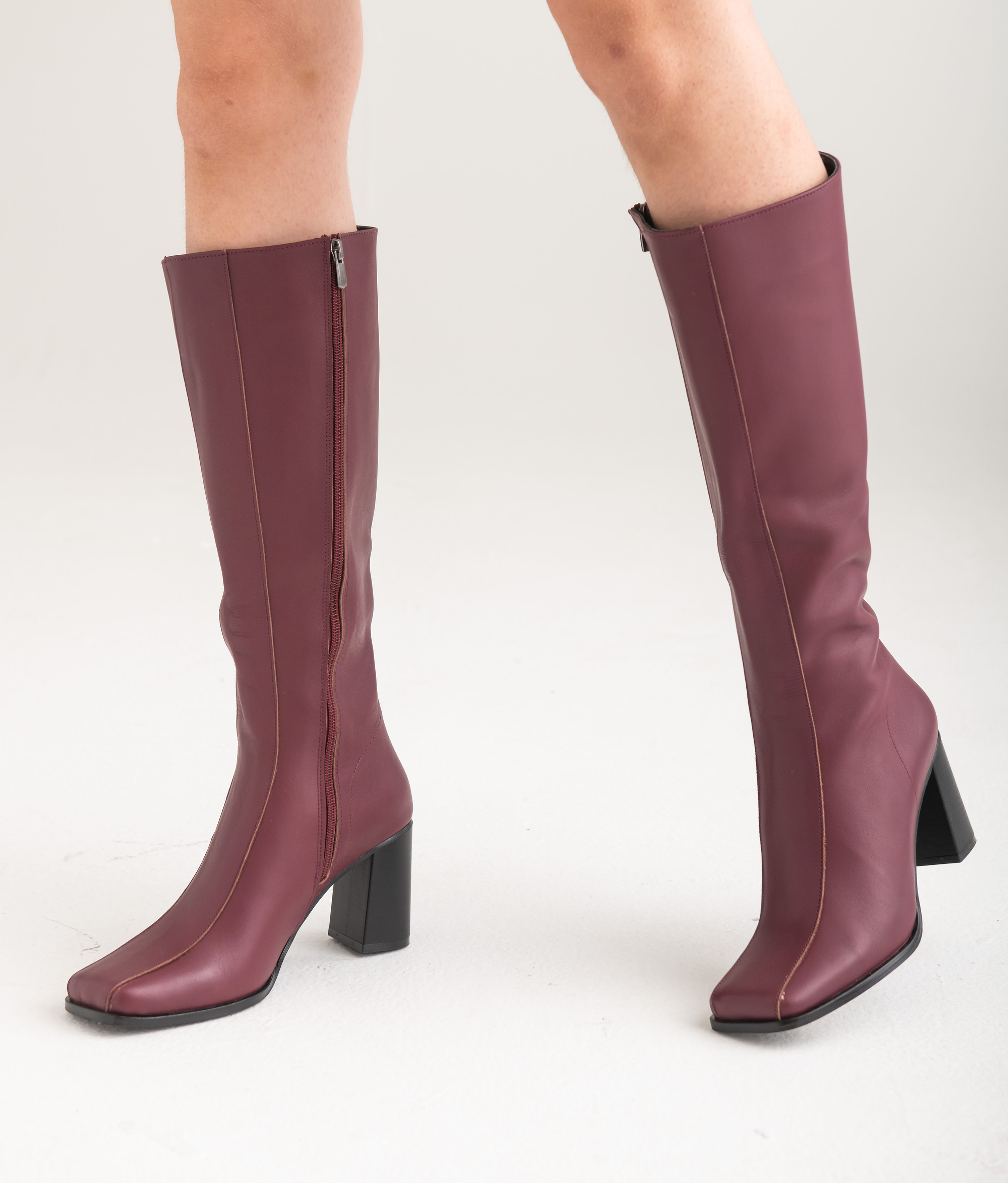1960s Handmade Leather Go Go Boots - Berry Burgundy - Square Toe & Cuban Heel
