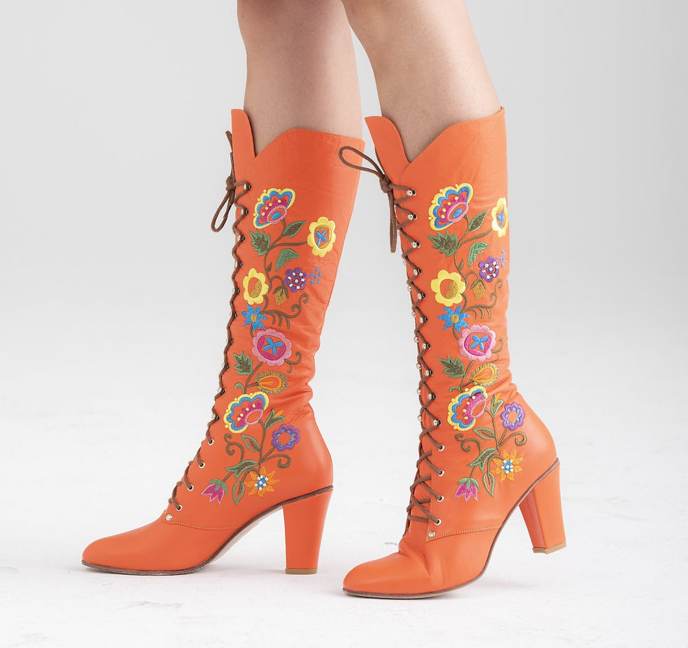 Thumbnail: 1960s Embroidered Leather Lace Up Boots - All Sizes - Orange - Jerry Edouard