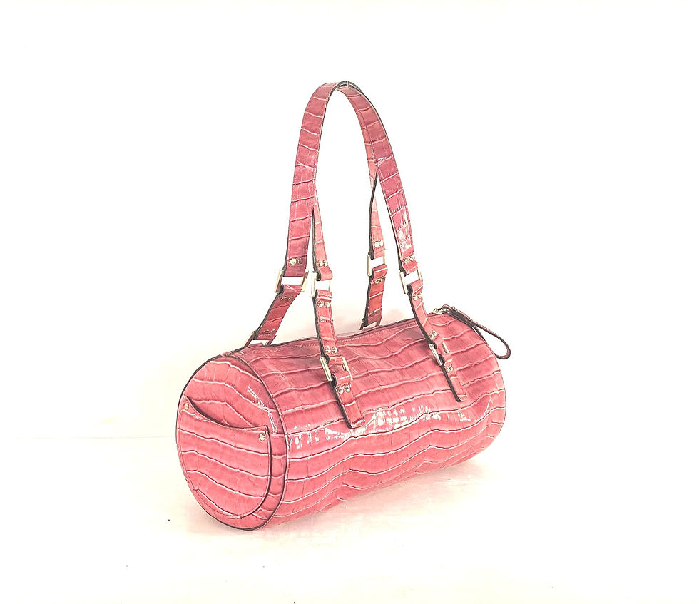 Thumbnail: Vintage Guess Y2K Pink Vinyl Faux Croc Barrel Bag with Chrome Studs and Rings