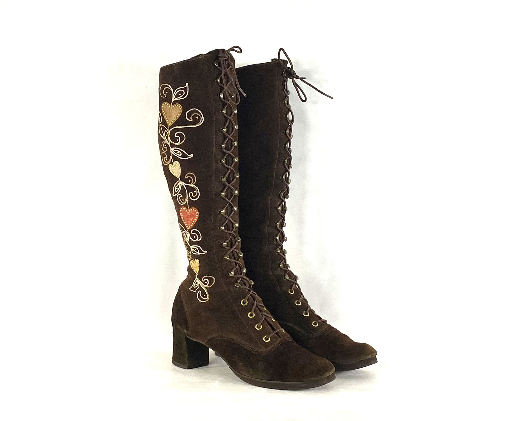 1960s Vintage Brown Suede Lace Up Boots - Jerry Edouard Style Embroidered Boots,