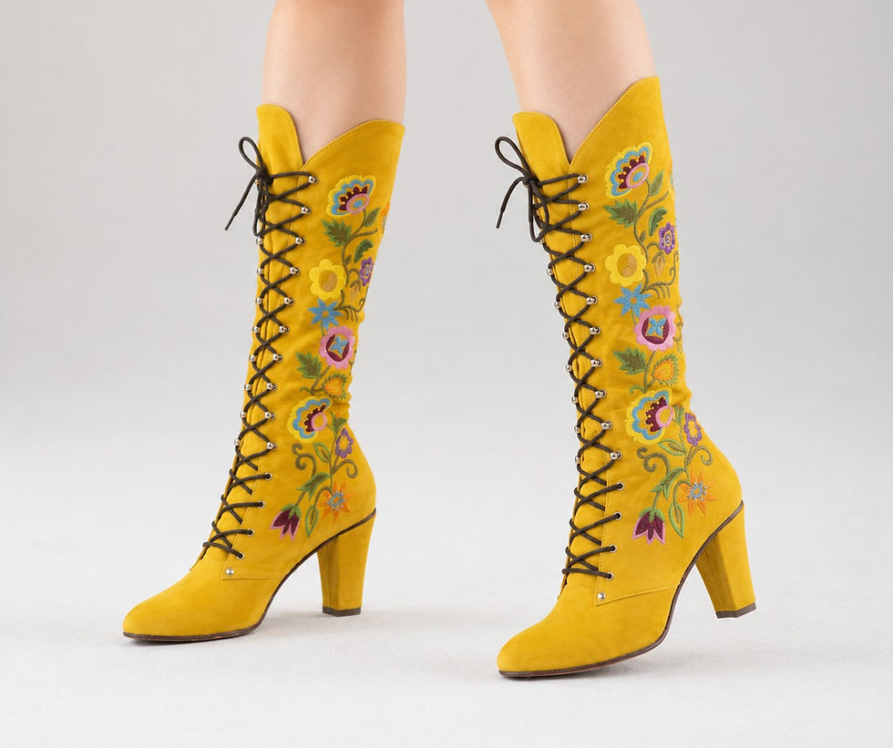Thumbnail: 1960s Embroidered Suede Lace-Up Boots - Mustard- All Sizes - Jerry Edouard Style