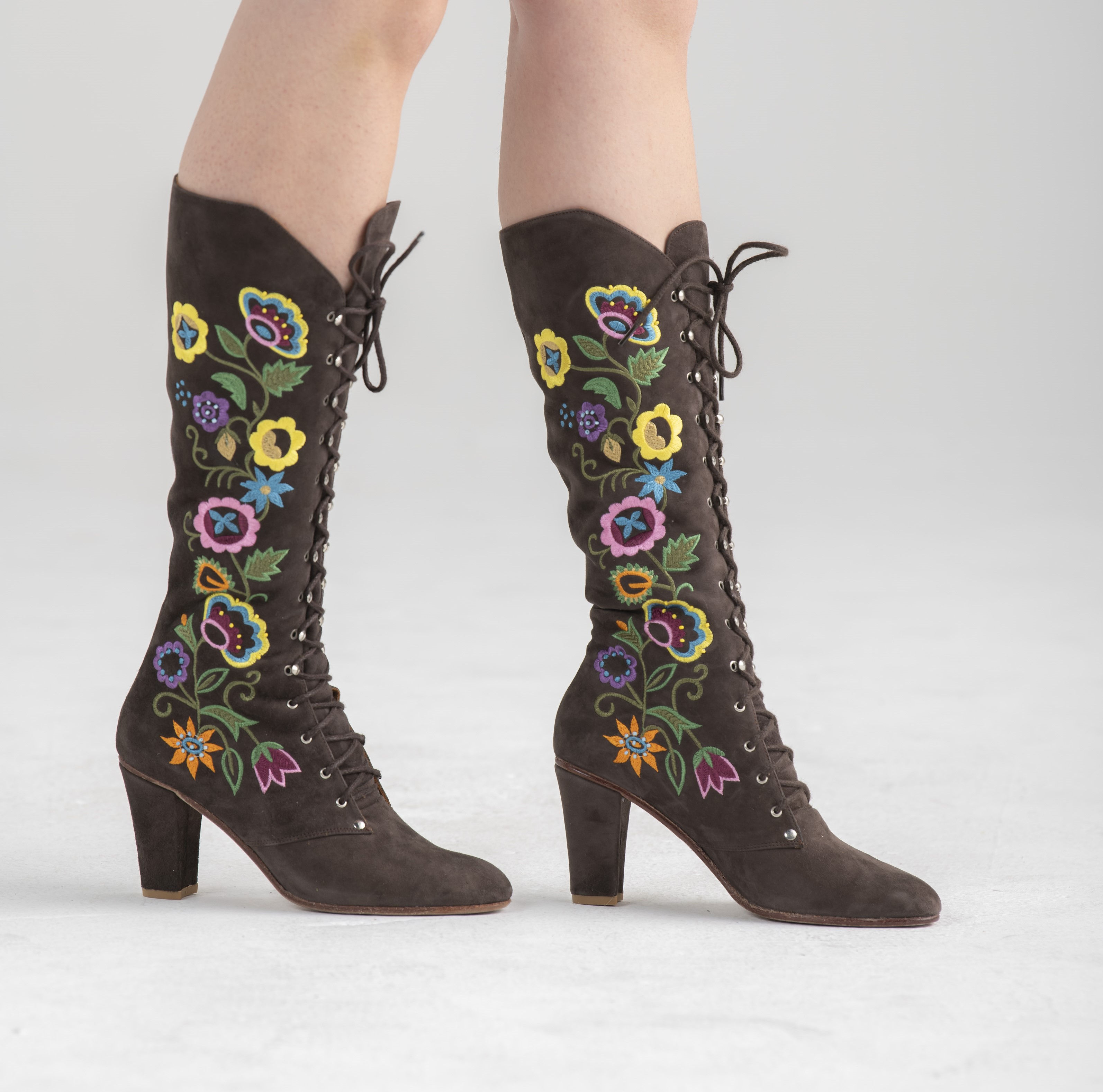 1960s Suede Embroidered Lace Up Boots - Brown - All Sizes - Jerry Edouard style