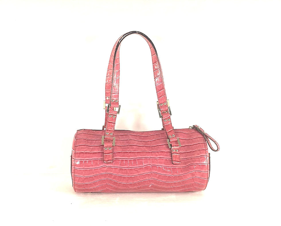 Thumbnail: Vintage Guess Y2K Pink Vinyl Faux Croc Barrel Bag with Chrome Studs and Rings