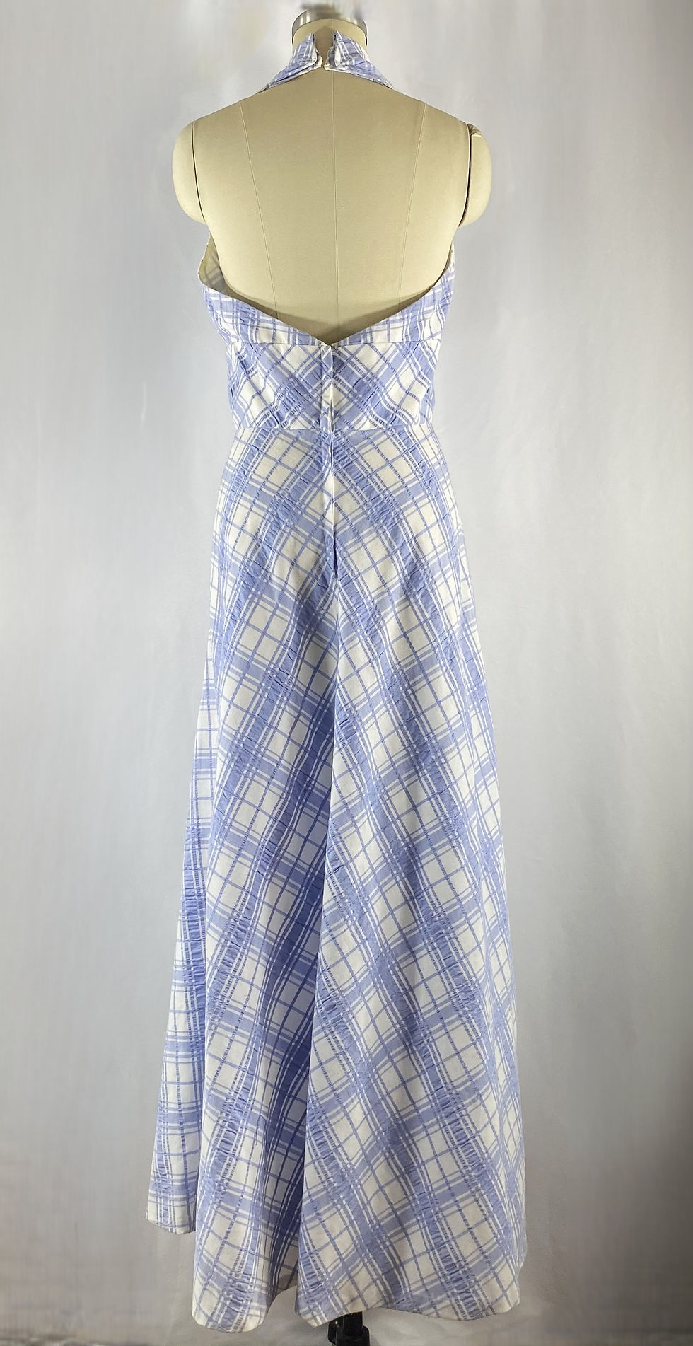 Thumbnail: 1970s does 1940s blue and white checked halter maxi dress - size small to medium