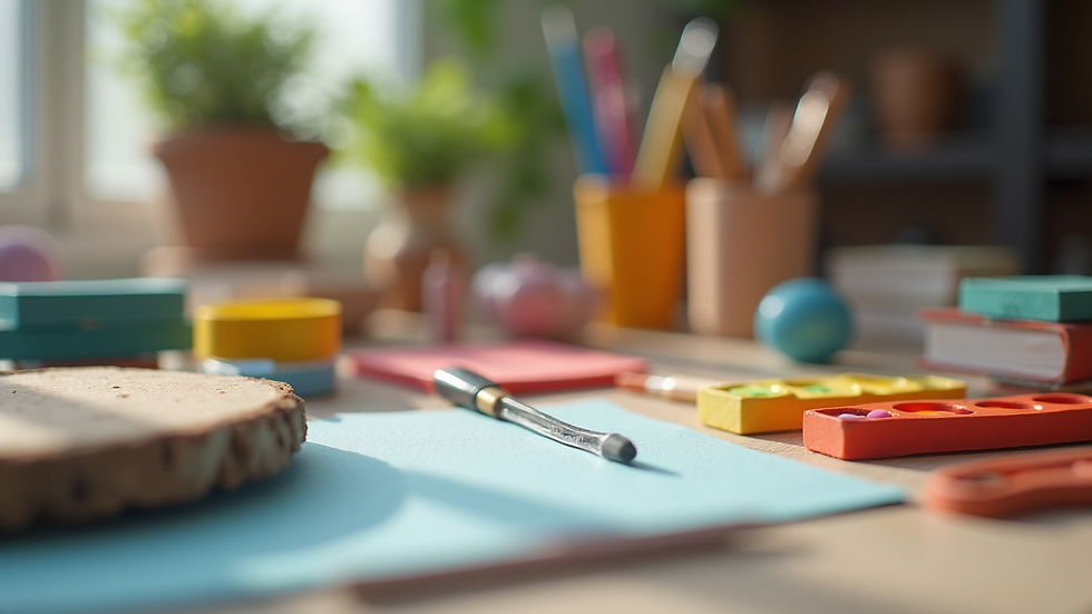 Close-up view of colorful craft supplies arranged on a table