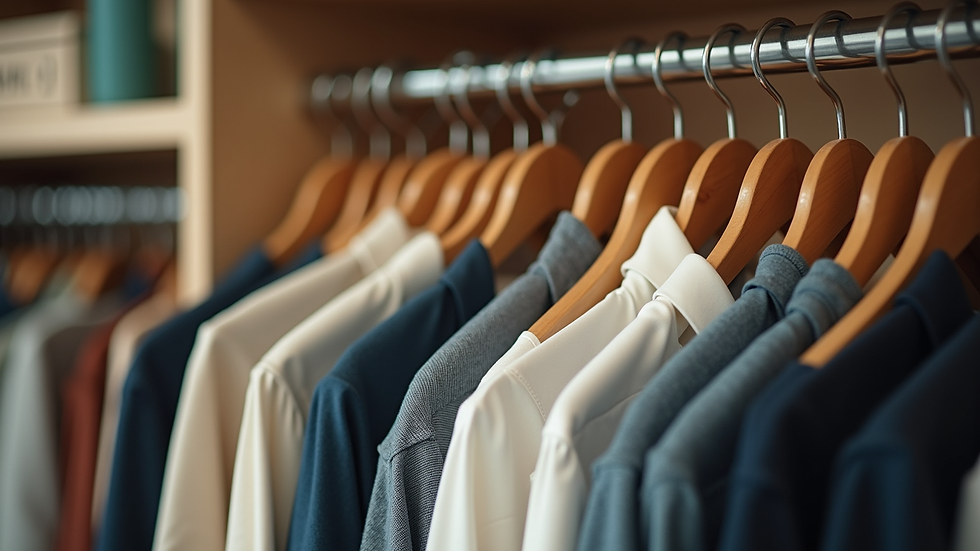 Close-up view of closet rods with matching hangers and organized clothes