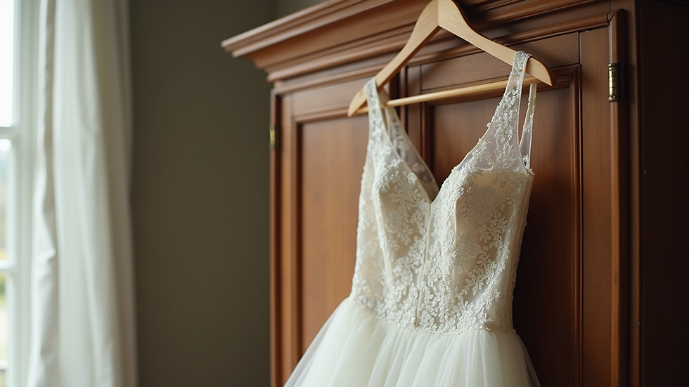 Eye-level view of a beautiful bridal dress hanging on a vintage wooden hanger