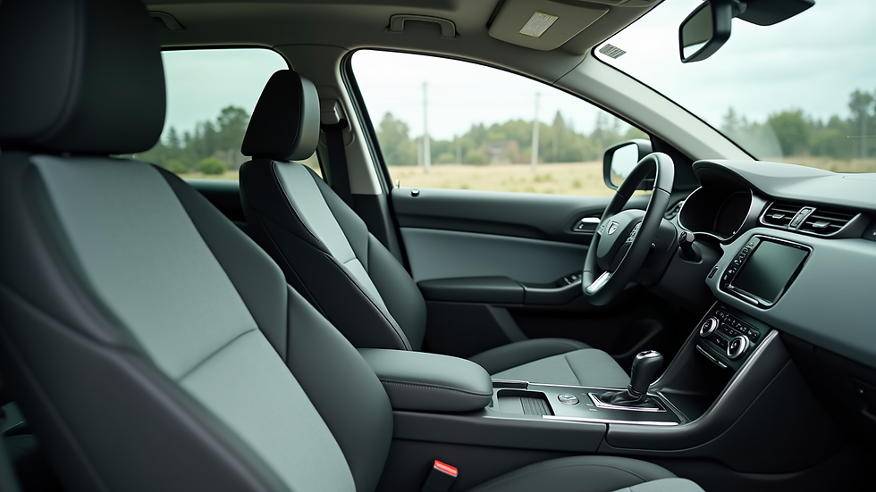 Eye-level view of a spotless car interior with clean seats and dashboard