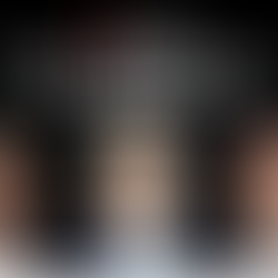 Three men in front of a dark background with red and white text