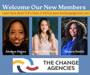 Photo of three people with their names and information about their membership in The Change Agencies