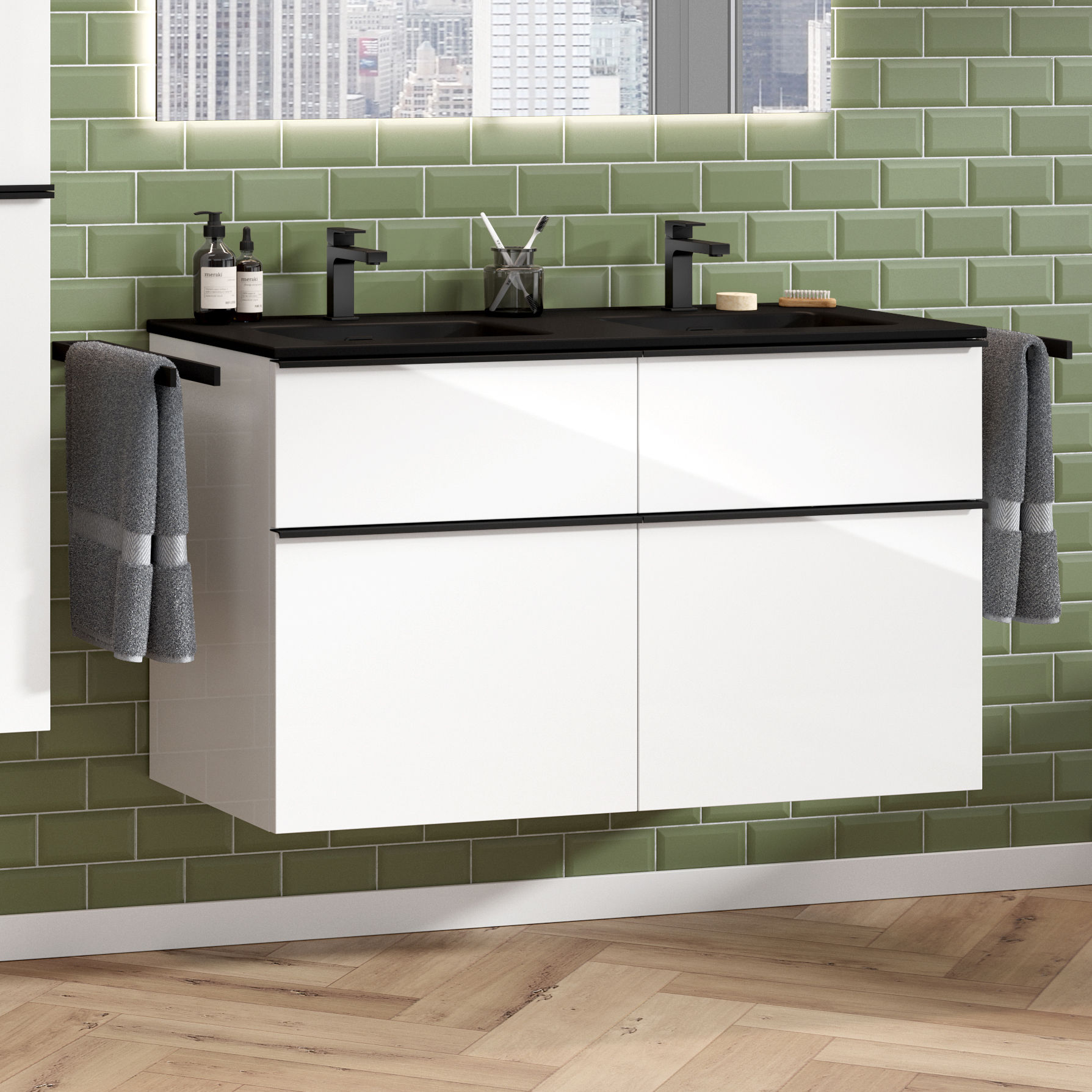 Griff Premium Doppelwaschbecken schwarz + Unterschrank 120 cm mit 4 Schubladen