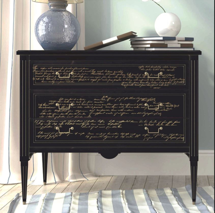 Schwarze Kommode mit goldener Schrift mit Transferfolie Sweet Notes