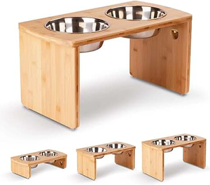elevated bamboo dog feeder with stainless steel bowls