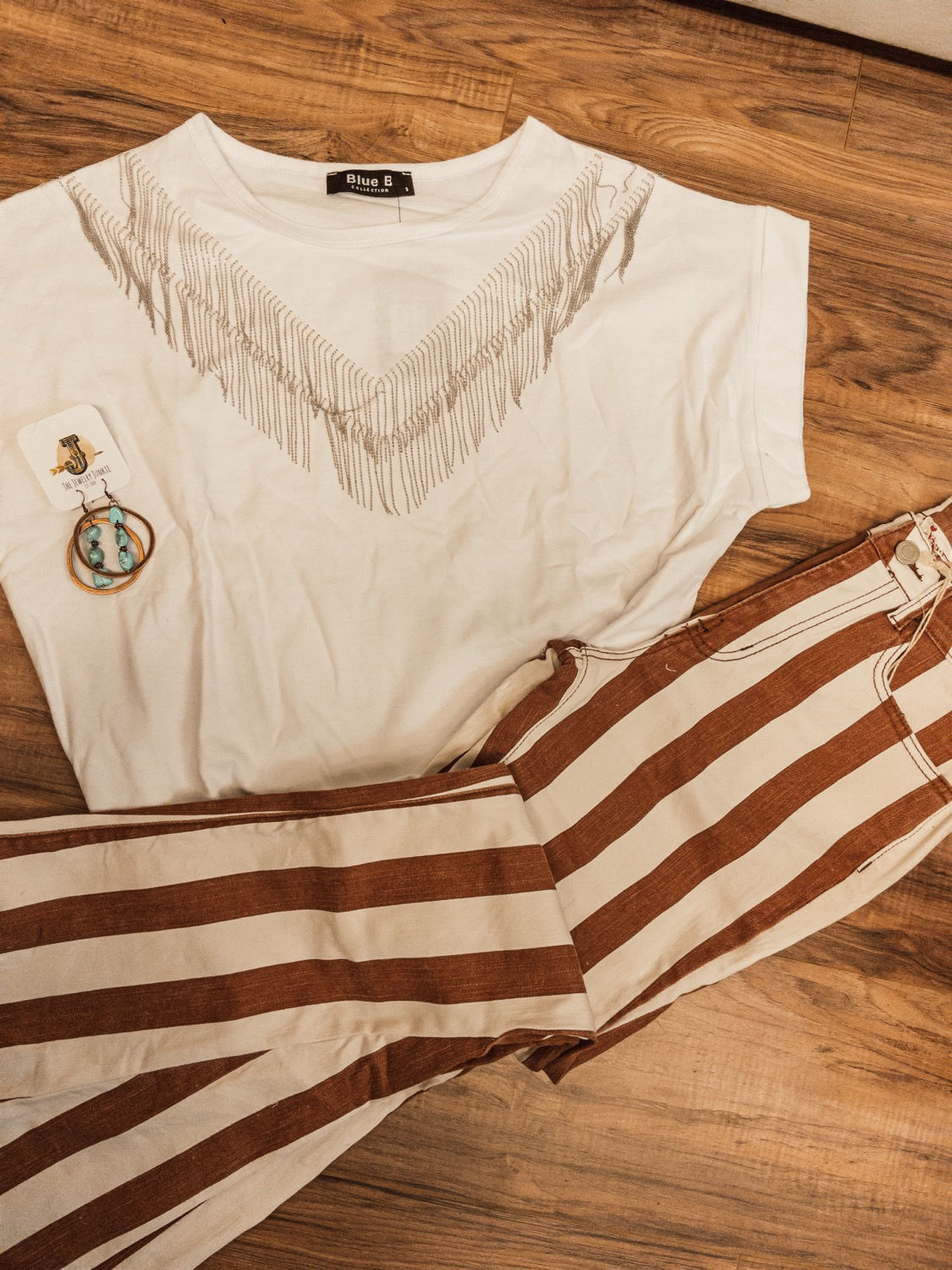 Chevon Beaded Fringe White Tee