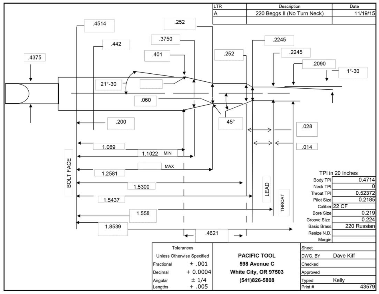 220 Beggs II (No Turn) Chamber Reamer Finisher Premium Pilot w/Screw