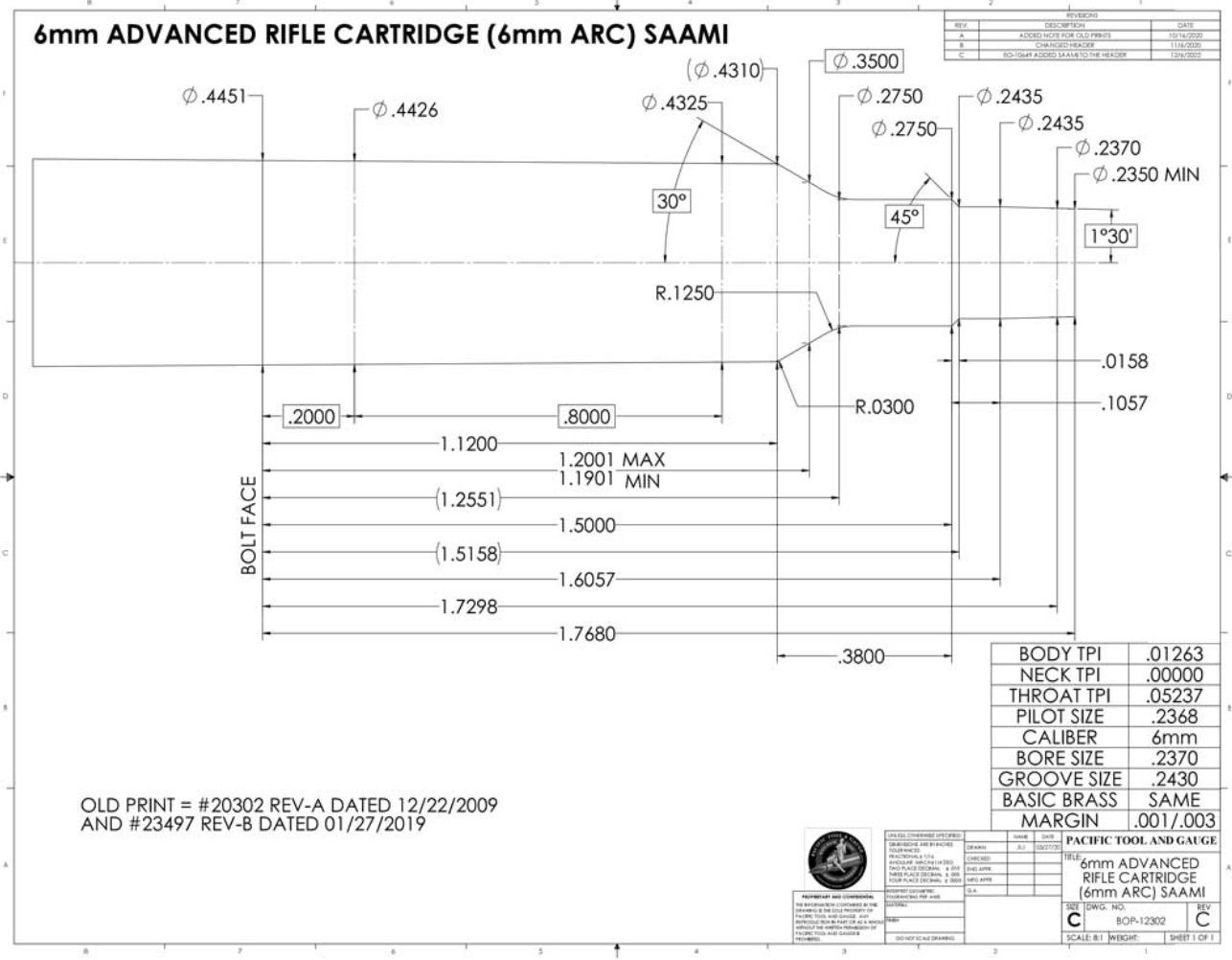 6 mm Advanced Rifle Cartridge (ARC) SAAMI Chamber Reamer Finisher 