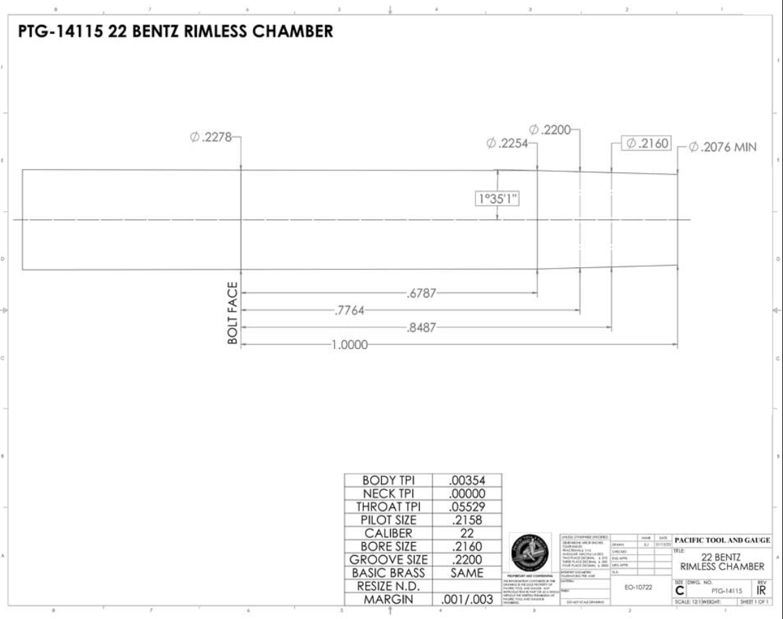 22 LR Bentz Chamber Reamer - Rimless Finisher