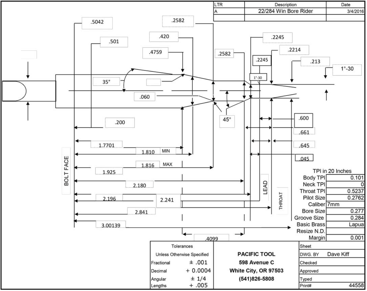 22 - 284 Winchester Bore Rider Finish Chamber Reamer