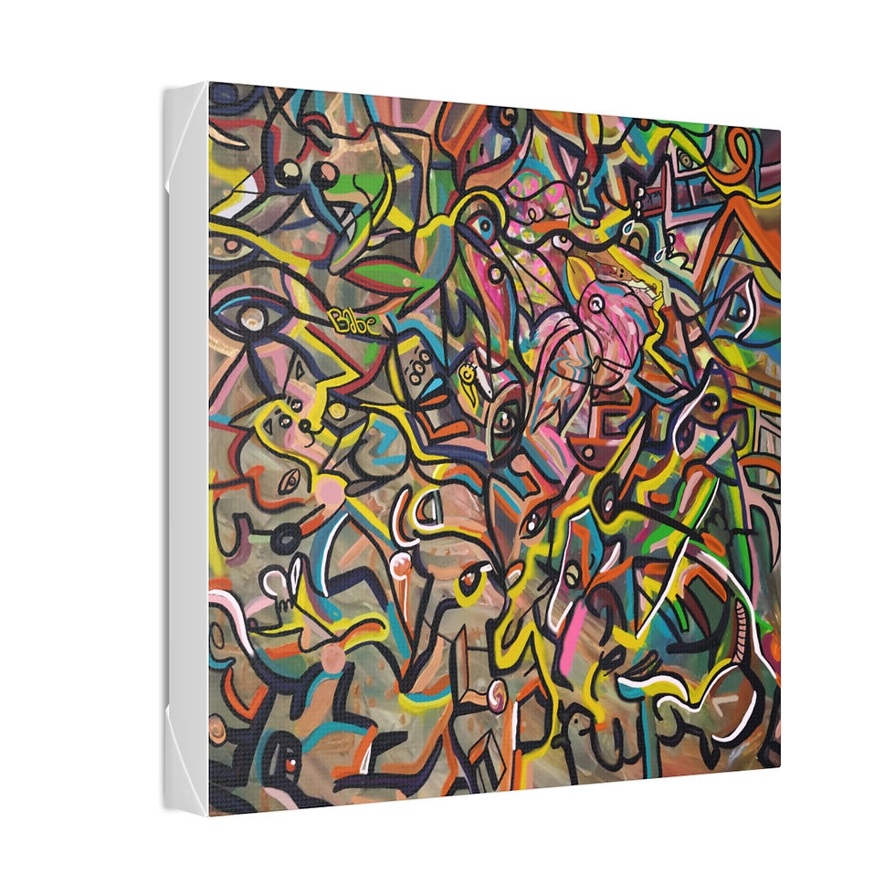 Abstract artwork in a painted look printed on a square art print. The style of the artwork is doodle with yellow and brown complexions. In the doodle you can see many figures and animals. The art print is slightly turned sideways