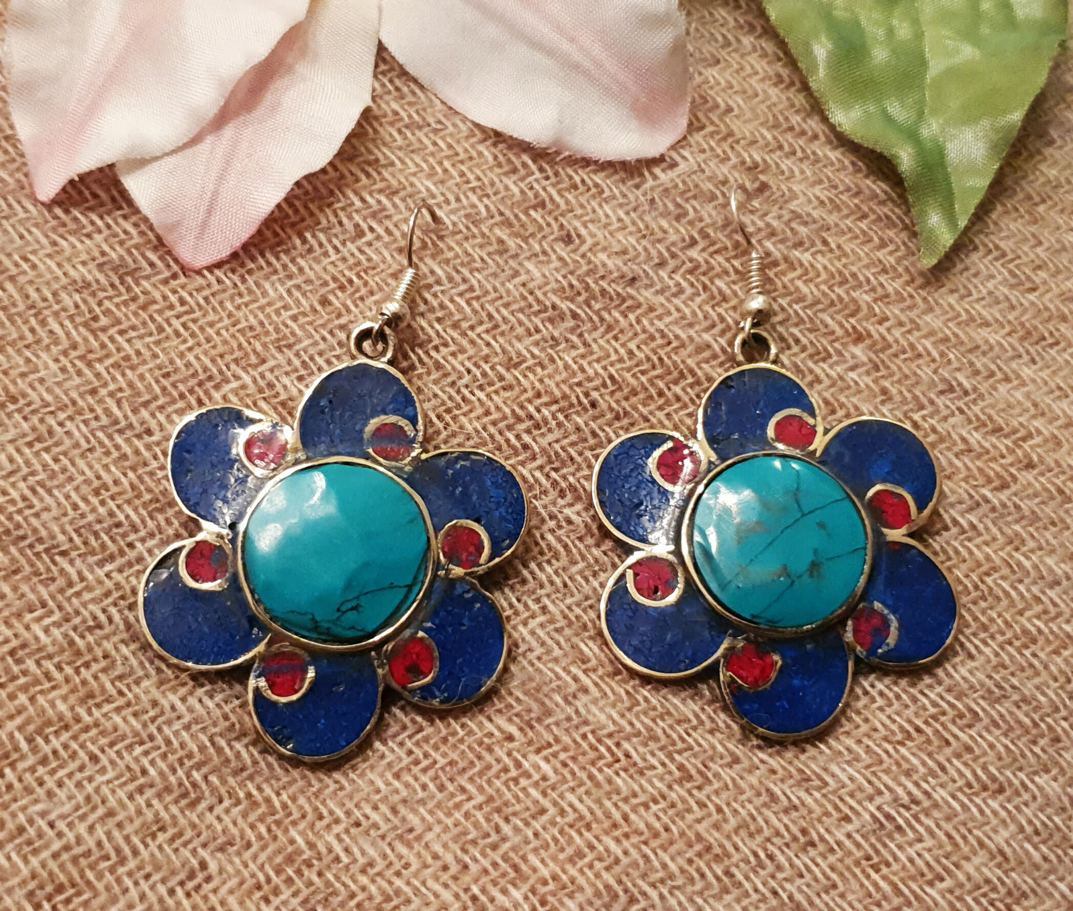 Flower Tibetan Earrings with Turquoise,Lapis and Coral Inlay work(Silver