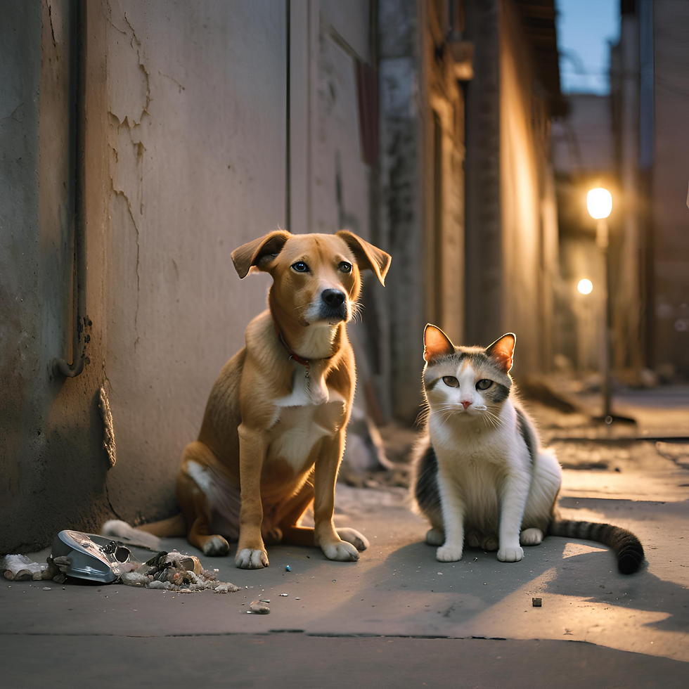 cão e gato na rua abandonados