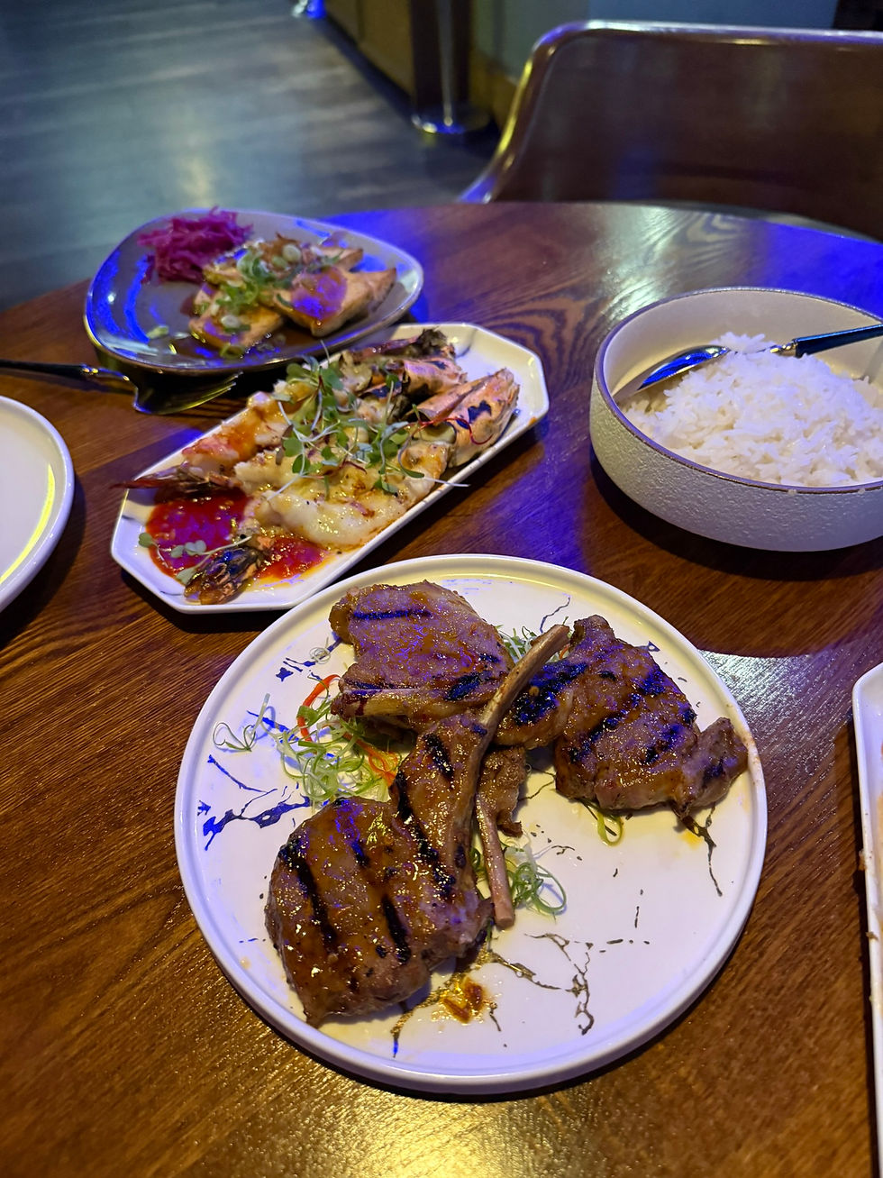 Lamb Chops (front) and Baked Jumbo Prawns (behind)