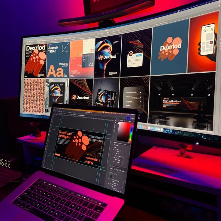 Escritorio ultra ancho y laptop con iluminación de neón roja y violeta en un ambiente de trabajo digital moderno