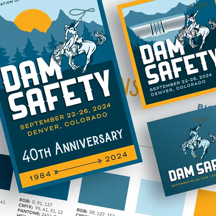 A collage showcasing a vintage Western brand identity for Dam Safety 2024 in Denver, 
featuring a bold bronco-riding illustration, retro-style fonts, and variations of 
mountain sunset and dam scenery logos.