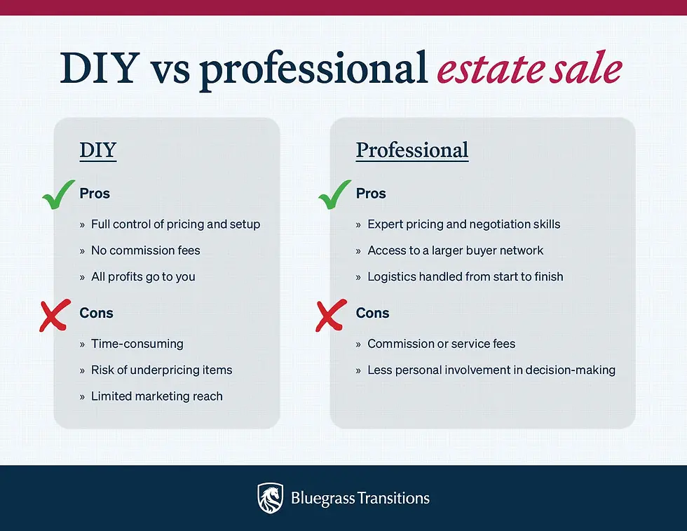 Chart comparing DIY vs Professional estate sales. Lists pros and cons for each, with green check marks for pros and red Xs for cons.