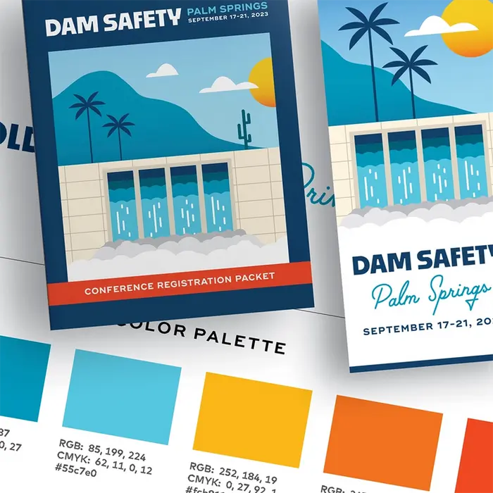 A collage showing a fun retro brand design for the Dam Safety 2023 conference in Palm Springs, featuring palm and cactus imagery, bright colors, and a modern banner ads.