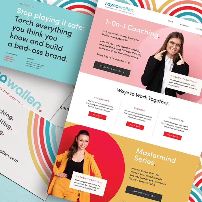 ollage of Rayna Wallen’s coaching website and branding materials, featuring bright colors, 
bold text, and a modern layout highlighting her services for the wedding and event industry.